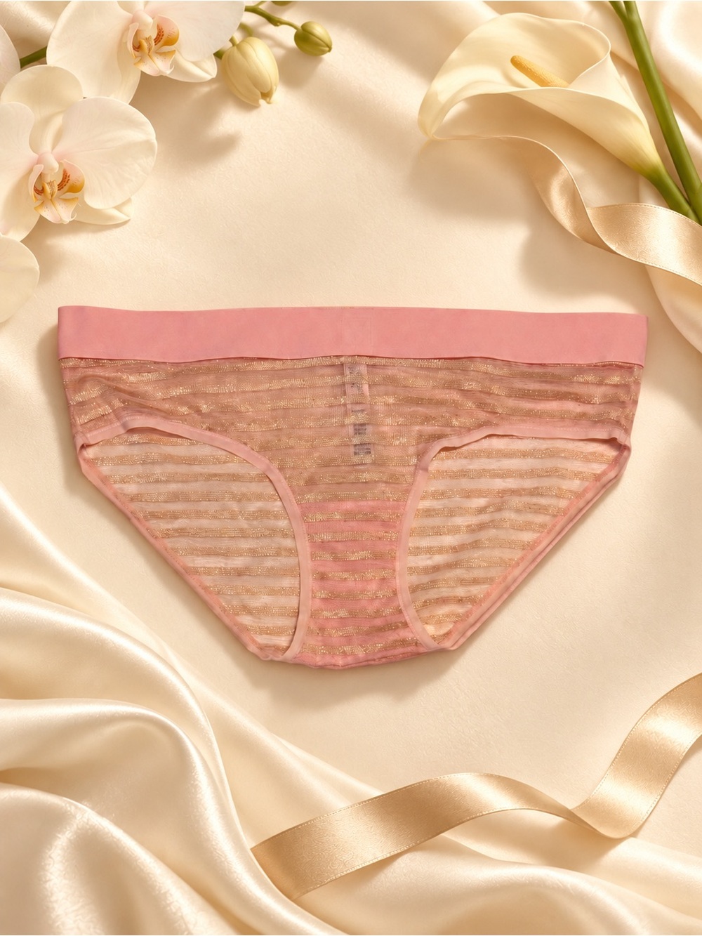 NWT Victoria’s Secret Blush & Gold Sheer Stripe Bikini Panty Size Small